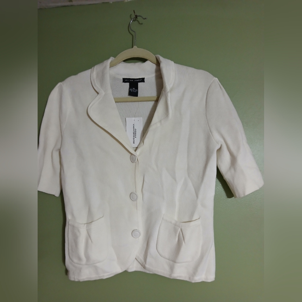 Julian Jones Womens Medium Cream Knit 100%  Cotton Button Cardigan Short Sleeve